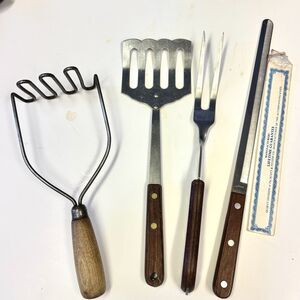 4 Pc Lot Vintage Wood Handle Kitchen Utensils USA Made Farmhouse Cooking Tools
